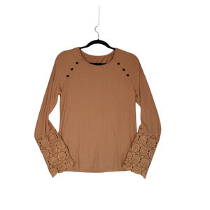 Shein Blouse Womens XL Brown Faux Button Detail Ribbed Lace Cuffs Soft Girl Boho